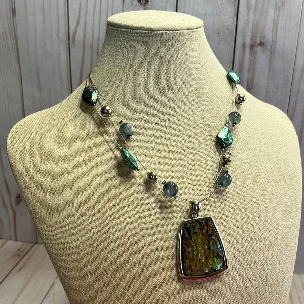 NY Collection Necklace Turquoise and Silver Toned Three Layer Wire Chain